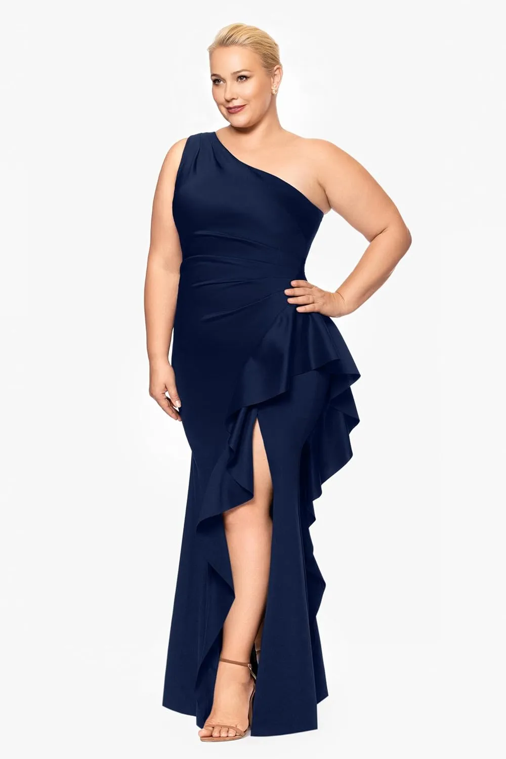 Xscape Women's Plus One Shoulder Ruffle Bodice Floor Length Side Slit Evening Dress