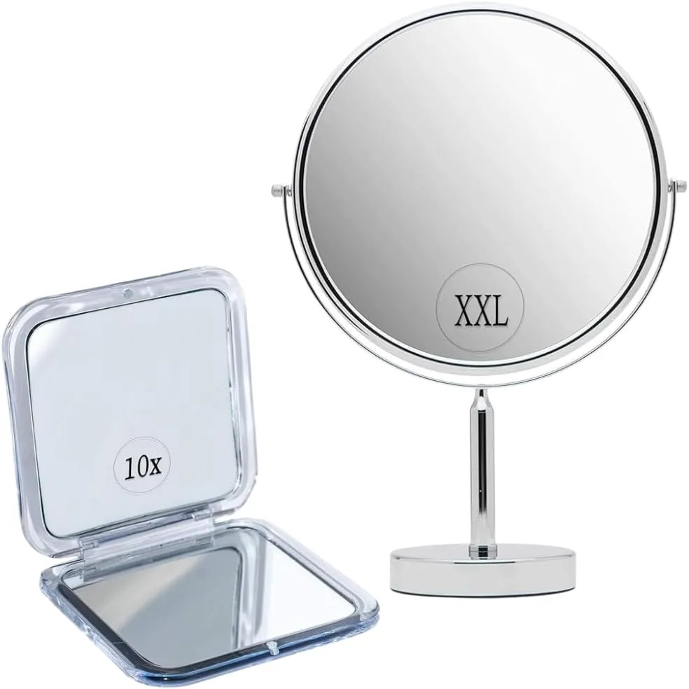 XXLarge 3X/1X Magnifying Makeup Mirror with Stand for Desk, Table, Retail Store Countertop, and Makeup Vanity & 10X/1X Magnifying Compact Mirror for Travel - Double-Sided, Portable & Handheld Bundle