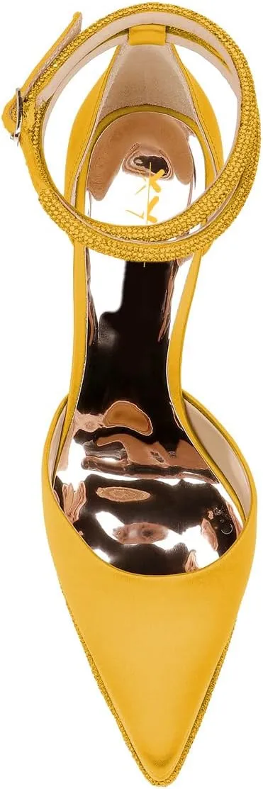 XYD Women's Pointed Toe Platforms Glamorous Crystal Ankle Wrap Strappy Block High Heels D'Orsay Satin Shoes for Evening Party