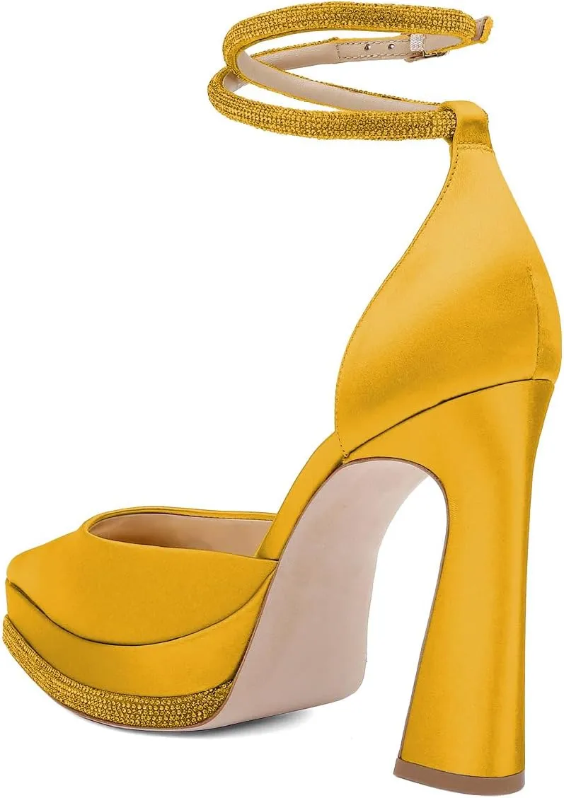 XYD Women's Pointed Toe Platforms Glamorous Crystal Ankle Wrap Strappy Block High Heels D'Orsay Satin Shoes for Evening Party