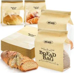 ZEAYEA 50 Pack Paper Bread Bags, Bakery Storage Bags with Clear Window, Large Kraft Bread Loaf Bag with Tin Tie Tab Lock for Storage Bread Cookies Snacks, 8.7 x 4.3 x 10.6 Inches